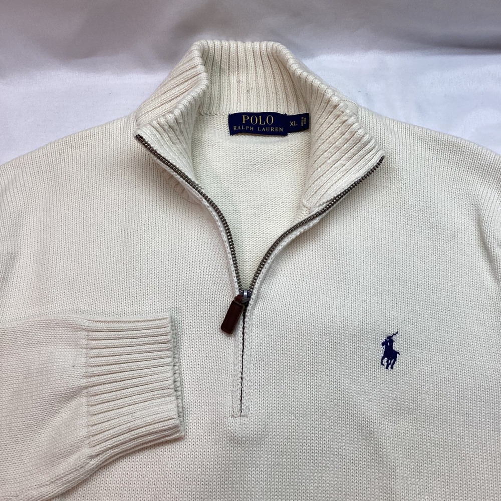 Polo Ralph Lauren Mens XL Quarter Zip Cotton Sweater Cream Off White Navy Pony